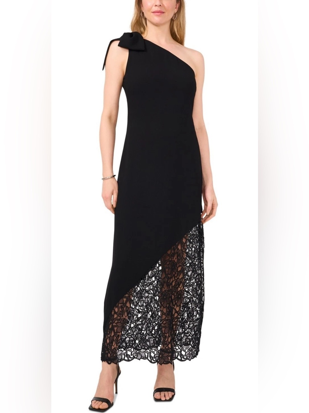 CeCe Black Sleeveless Maxi Dress with Diagonal Lace Panel